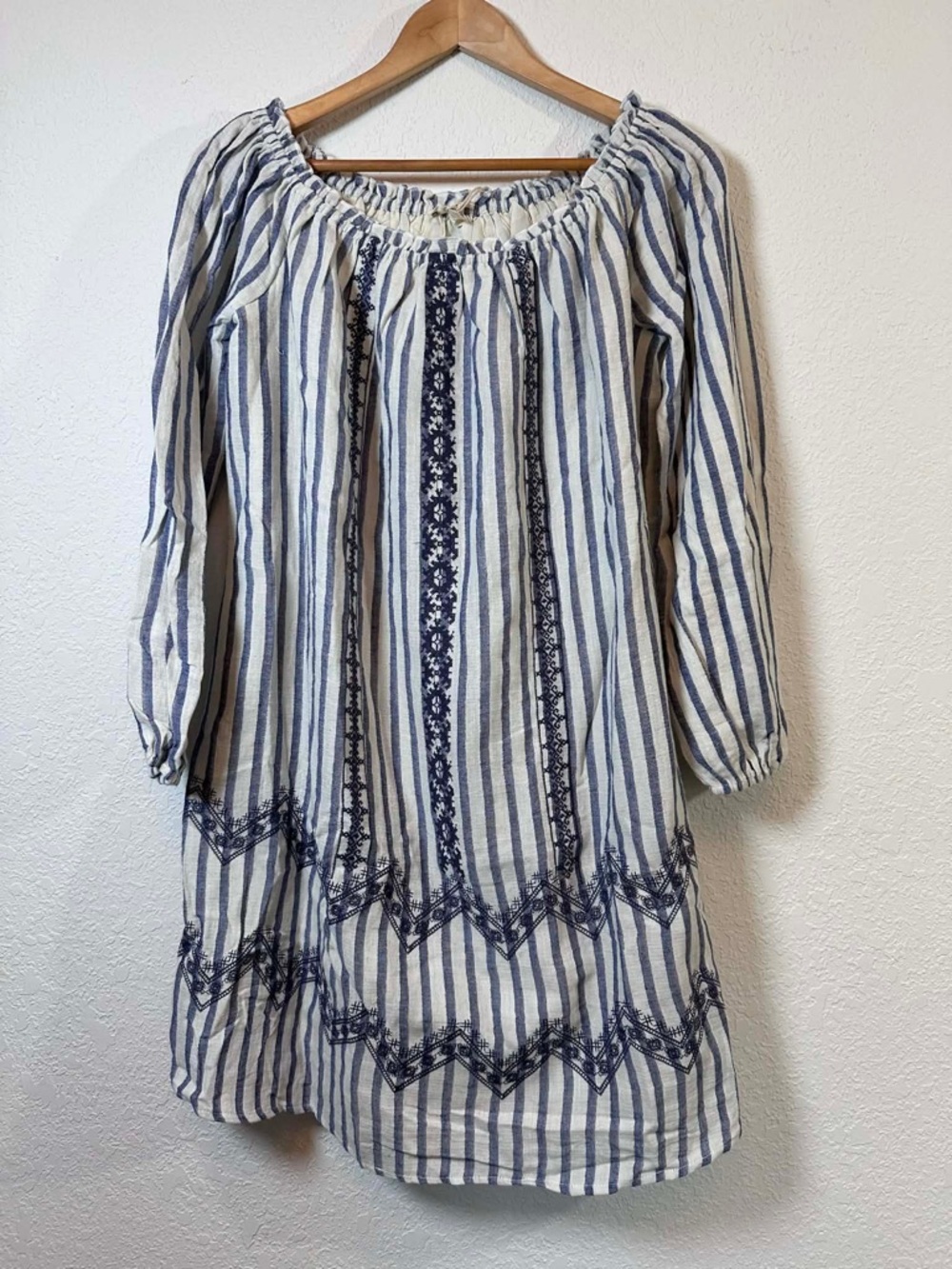 Mystree Navy and White Striped Off the Shoulder Embroidered Peasant Dress
